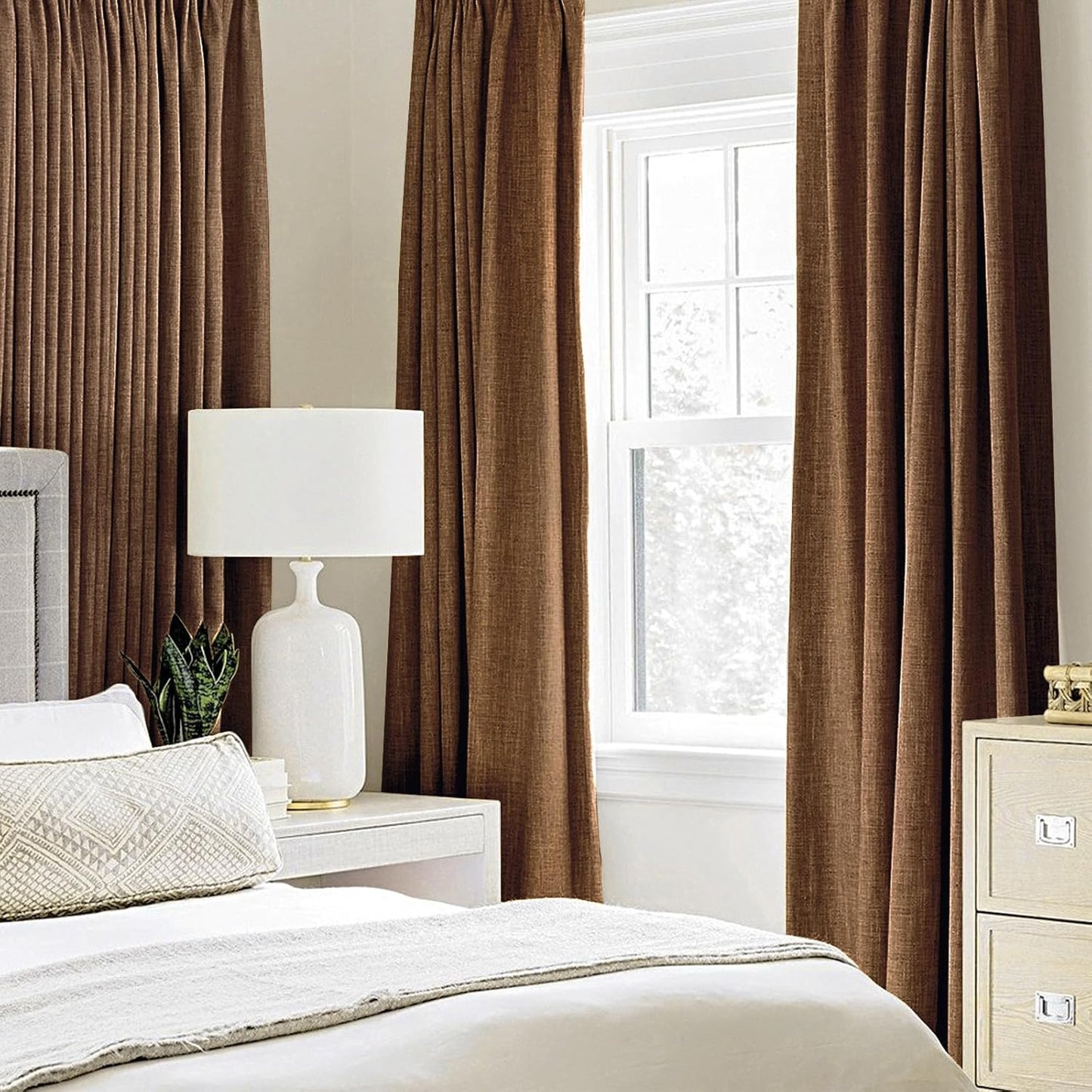 MIULEE 100% Blackout Linen Curtains for Bedroom Thermal Insulated Brown Grommet Room Darkening Curtains & Drapes Fall Decor for Living Room Nursery 52 x 84 Inch (2 Panels)