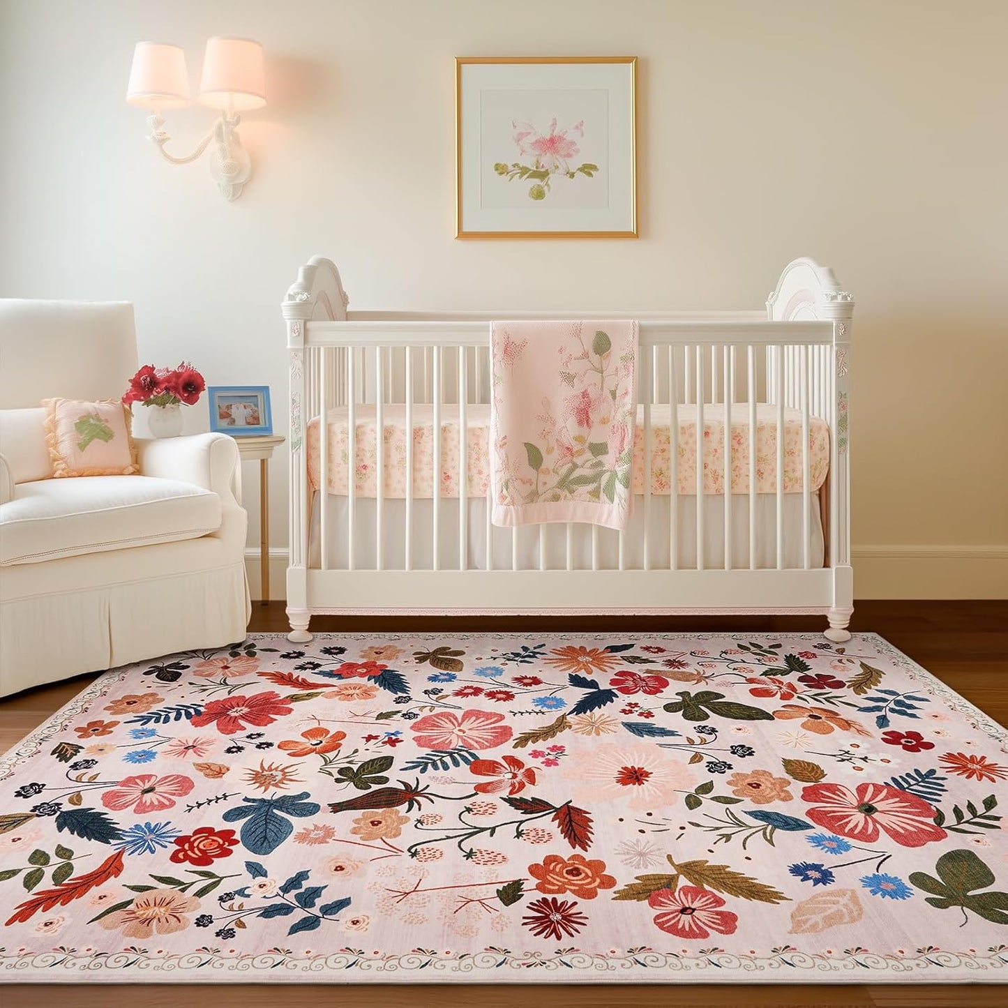 5x8 Boho Floral Area Rugs Soft Washable Stain Resistant Indoor Floor Carpet Rug Vintage Beige Low Pile Non Slip Rug Spring Farmhouse for Living Room Bedroom Dining Room Playroom Nursery Family Room