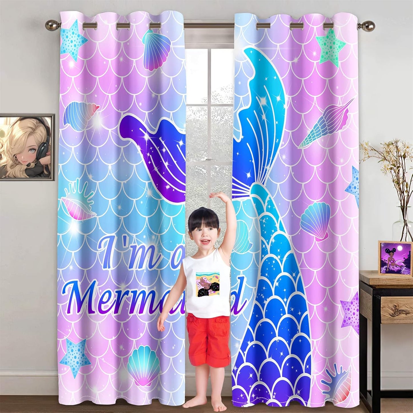 Mermaid Curtain Panels for Girls Room 2Pcs, Pink Cartoon Blackout Curtains 84 inch Length for Girls Bedroom Nursery Room Grommet Top Thermal Insulated Curtains, Dinosaur Print, 82" x 84"