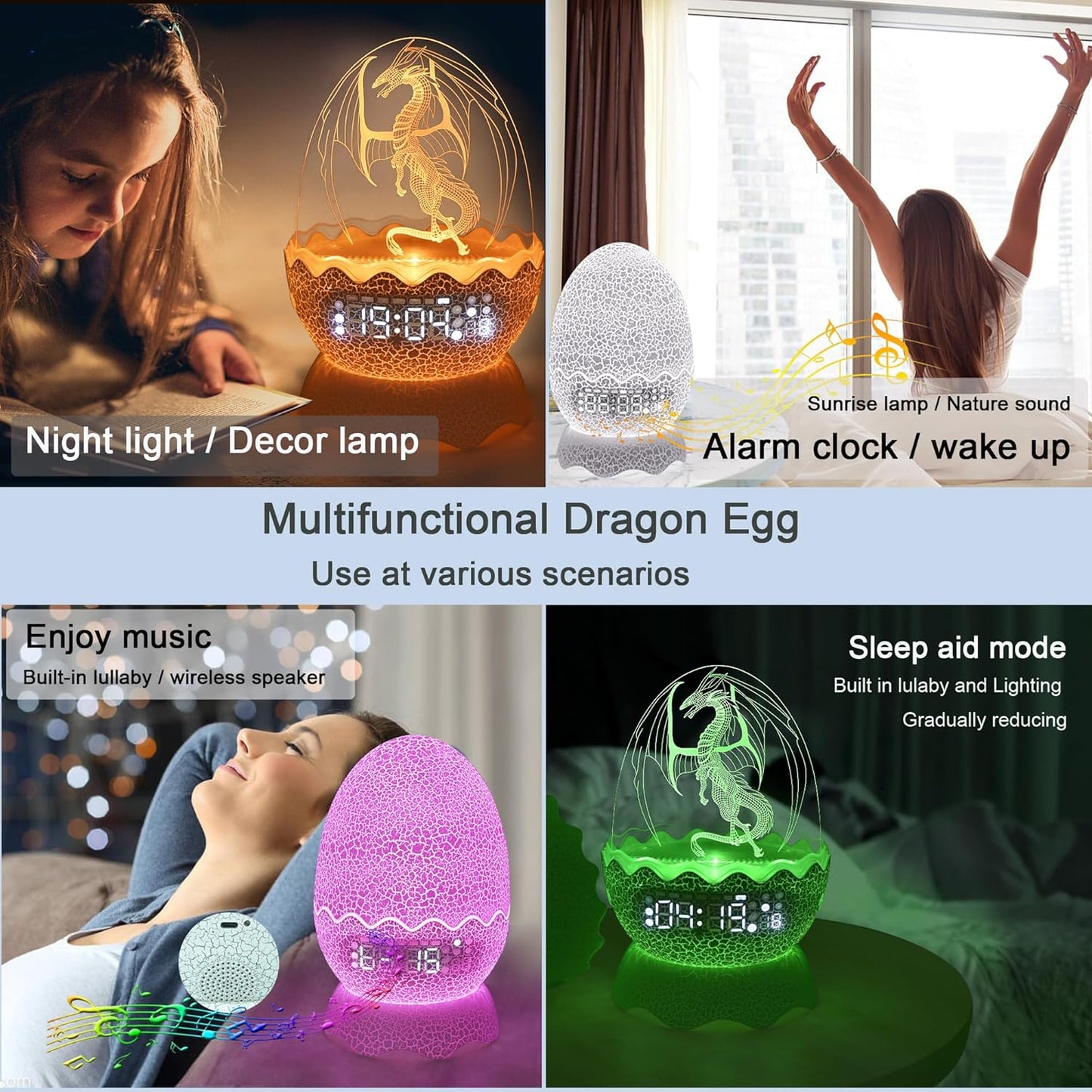 Unique Dragon Egg Digital Clock Ok to Wake Up Alarm Clock with Night Light / Lullaby White Noise / Bluetooth Speaker, Remote Control 16 Colors & Brightness & Volume, Cool Dragon Gift for Kids/Adult
