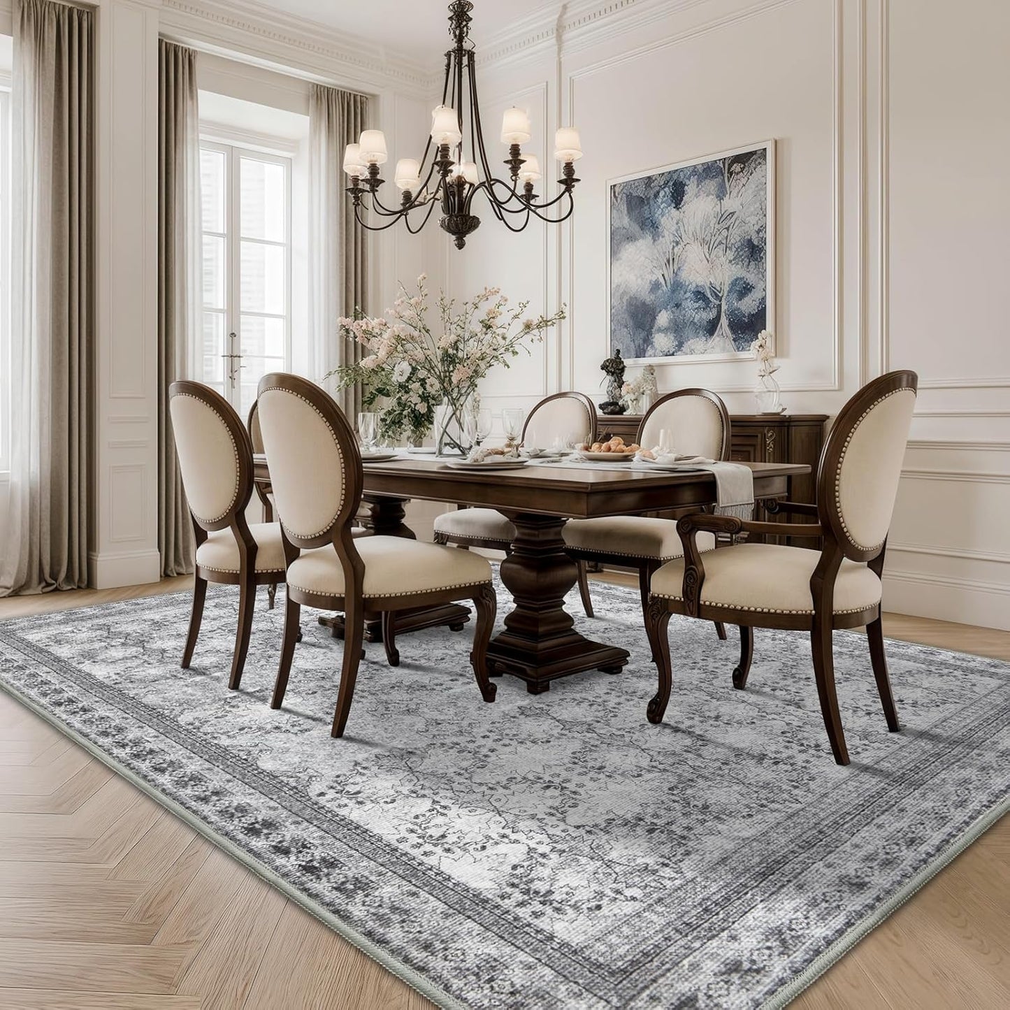 Large Faded Gray 8x10 Washable Area Rug for Living Room, No Shedding Vintage Floral Print Rugs Non Slip, Indoor Foldable Thin Retro Accent Carpet for Bedroom Farmhouse Dining Room