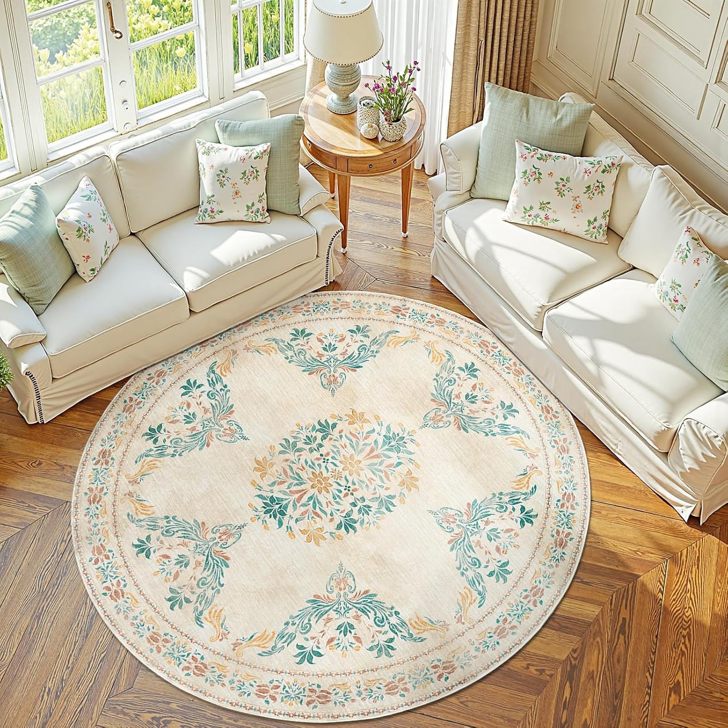 jinchan Round Rug 6ft Area Rugs Vintage Floral Distressed Design,Machine Washable Soft Non-Slip Low-Pile Ultra-Thin Circle Rug for Bedside Living Room Dining Room Bedroom (6' Round, Apricot Multi)