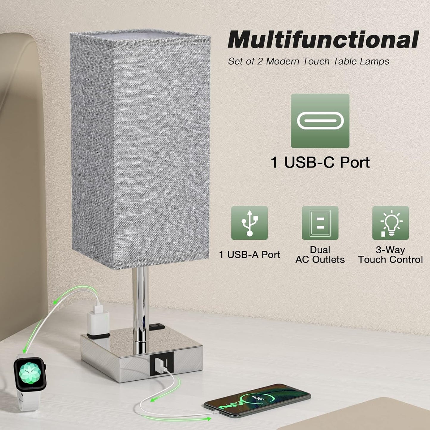 aooshine Gray Set of 2 Touch Lamps with USB Port Nightstand Lamp with USB-C+A Charge Ports & AC Outlets, 3-Way Dimmable Bedside Lamp, Small for Bedroom Living Room (Bulb Included)