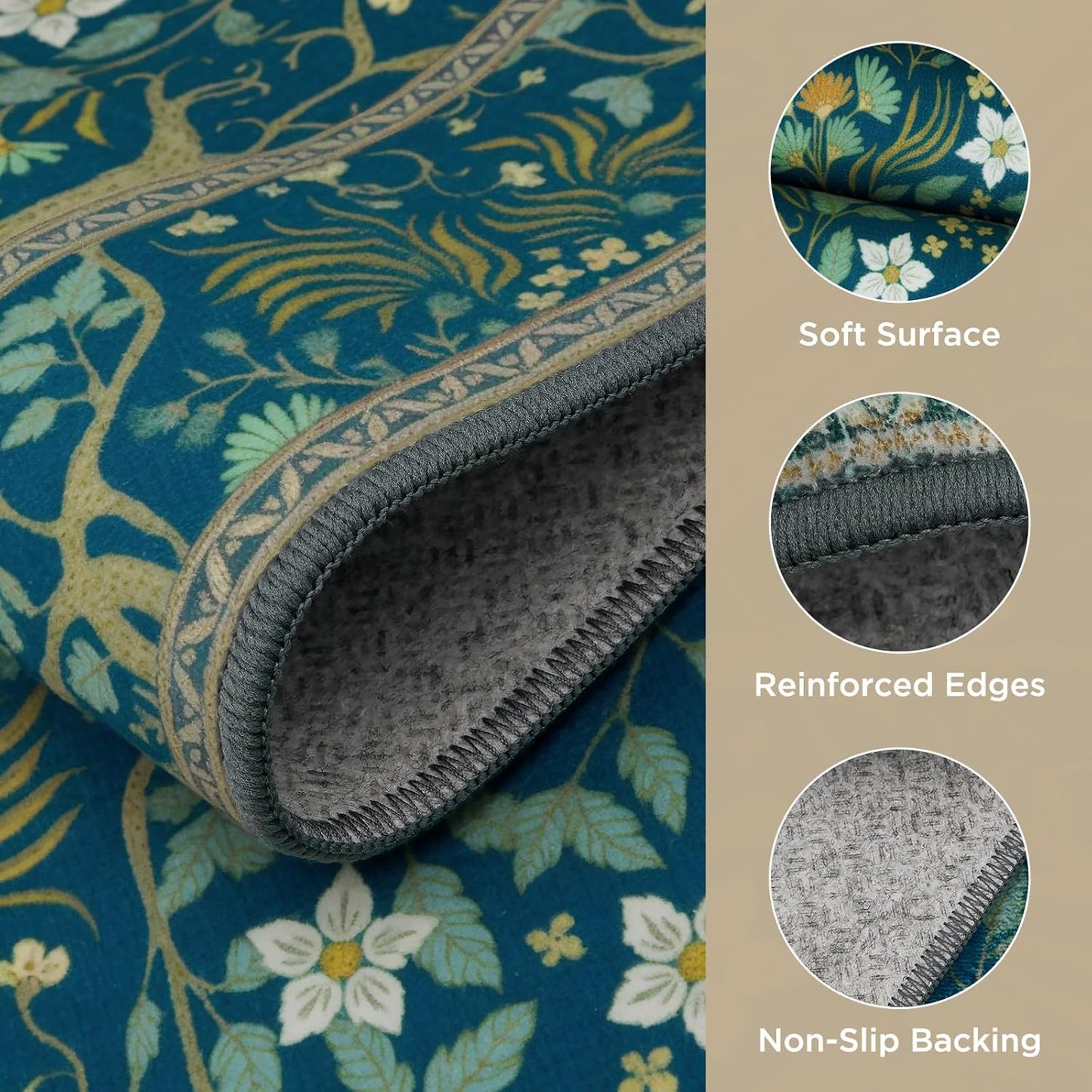 Joydeco Washable 2x6 Rug Runners for Hallways Non Slip, Boho Floral Bathroom Rug Runner, Soft Botanical Forest Indoor Floor Throw Carpet for Kitchen Laundry Room Entryway, Dark Blue