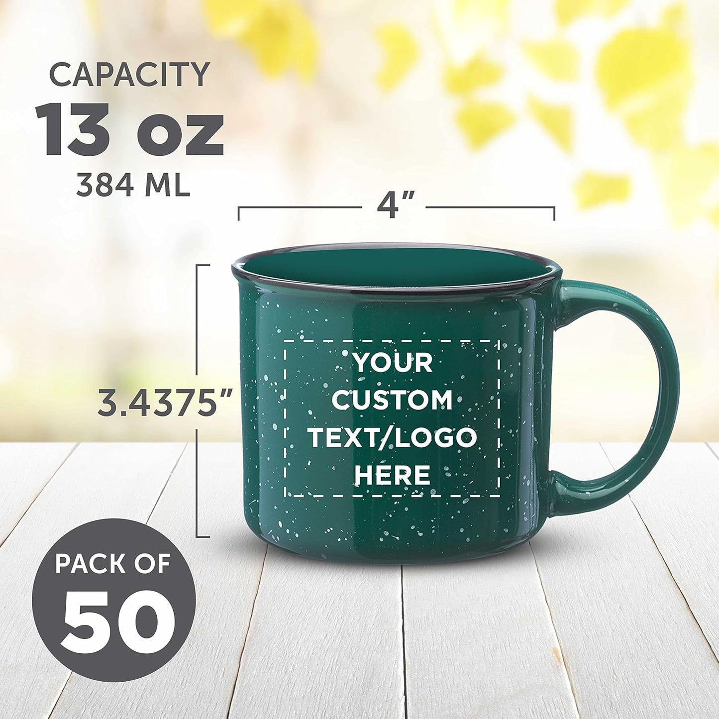 DISCOUNT PROMOS Custom Ceramic Campfire Coffee Mugs 13 oz. Set of 50, Personalized Bulk Pack - Perfect for Tea, Espresso, Cappuccino, Hot Cocoa - Green