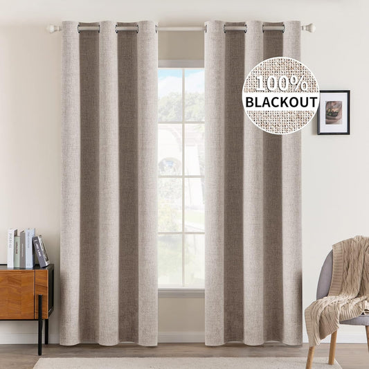 MIULEE Linen Blackout Curtains and Drapes 100% Room Darkening Thermal Insulated Grommet Window Panels with Coating 2 PCs W 42 x L 90 inches Khaki