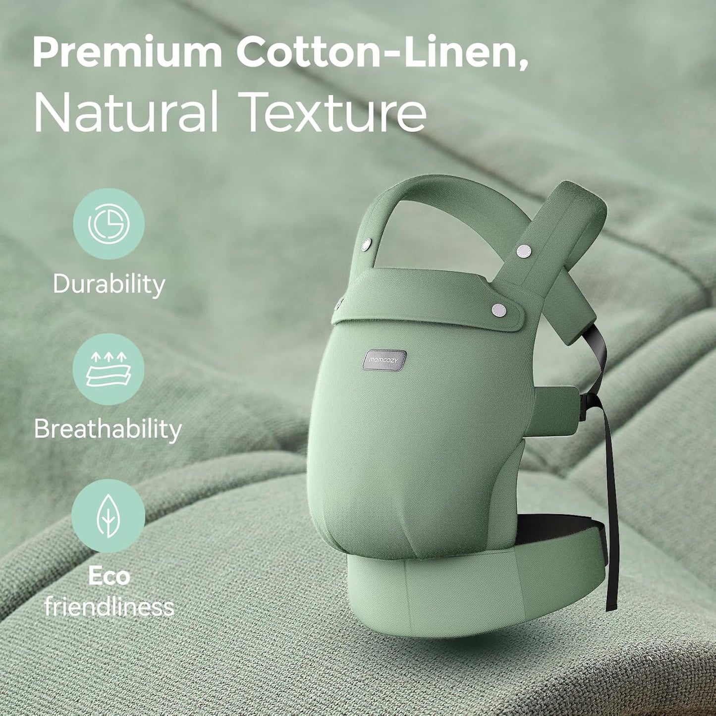 Momcozy Baby Carrier with Natural Cotton Linen, Built to Last, Ergonomic Design, 7-44lbs for Infant and Toddler, Lightweight and Comfortable, Hands-Free for Moms&Dads, Sage Green