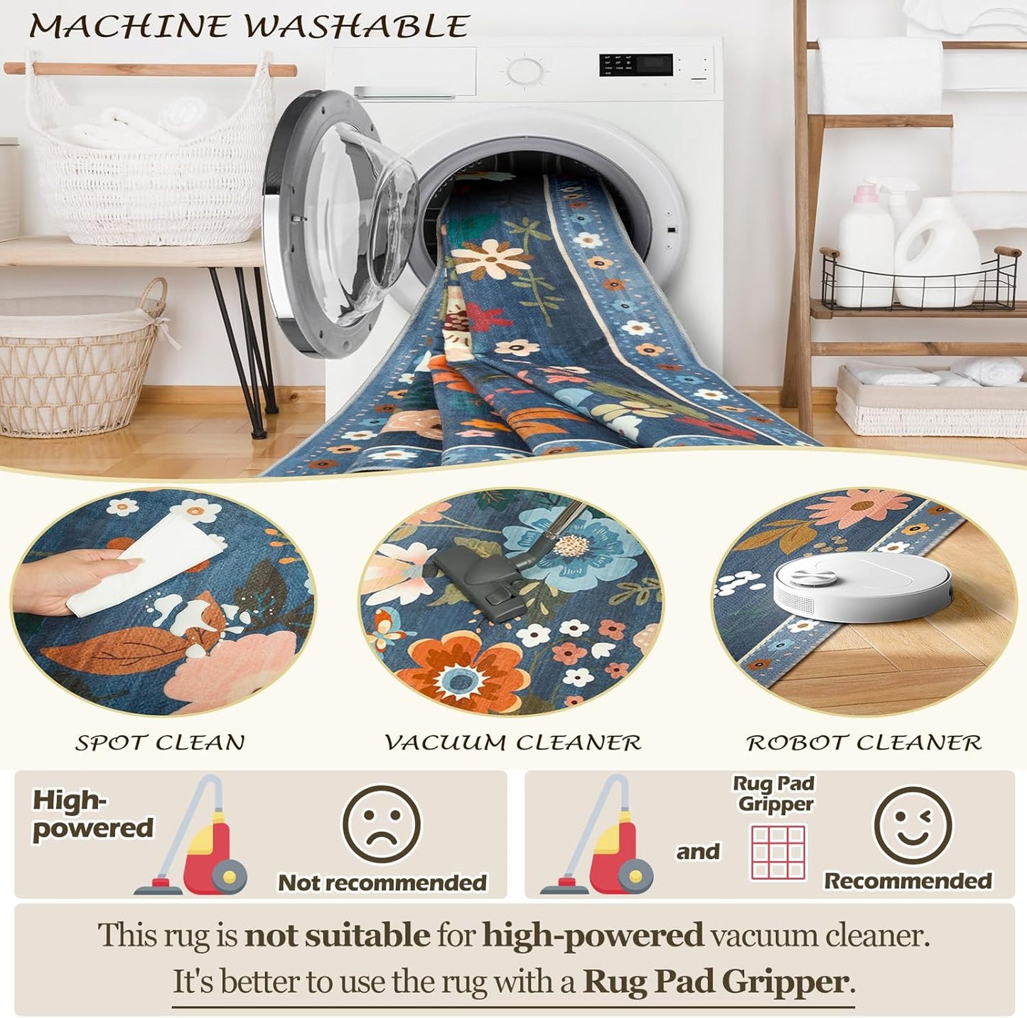 Floral 6ft Area Rug Machine Washable Soft Print Boho Carpet Non Slip Doormat Low Pile Flower Area Rugs for Living Room Bedroom Nursery Kitchen Dining Room Indoor-Blue/Grey