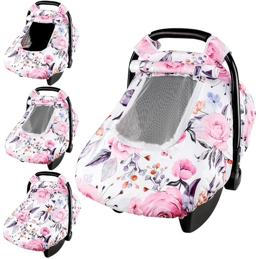 Floral Baby Carseat Cover Girls, Pea Pod Infant Car Seat Covers Canopy for Newborn with 2 Layers Windows of Breathable Mesh/Fabric, Lightweight Polyester/Minky Dot Backing, Snug Fit Most Baby Car Seat