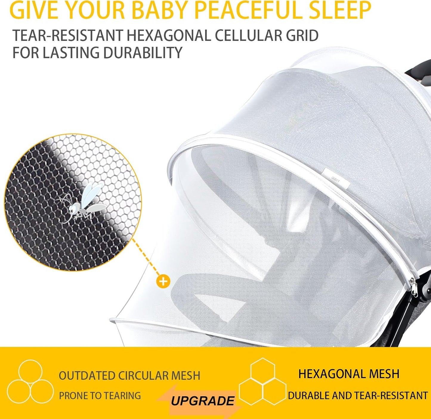 Mosquito Net for Stroller, Universal 3D Baby Bug Net with Two-Way Zippers & Storage Bag, Breathable & Foldable Netting for Stroller,Cradle（White）