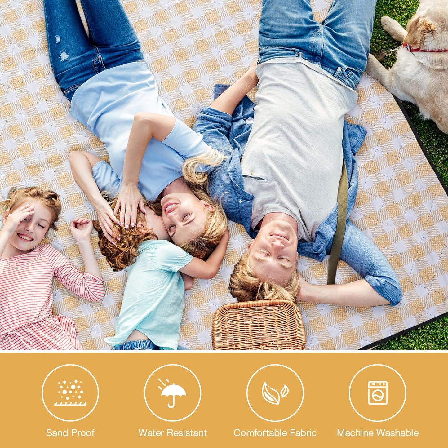 Picnic Blanket, 80''x80'' Waterproof Outdoor Blankets, Picnic Mat Washable for Beach, Picnic Blankets for Camping on Grass with Shoulder Strap - Yellow & White