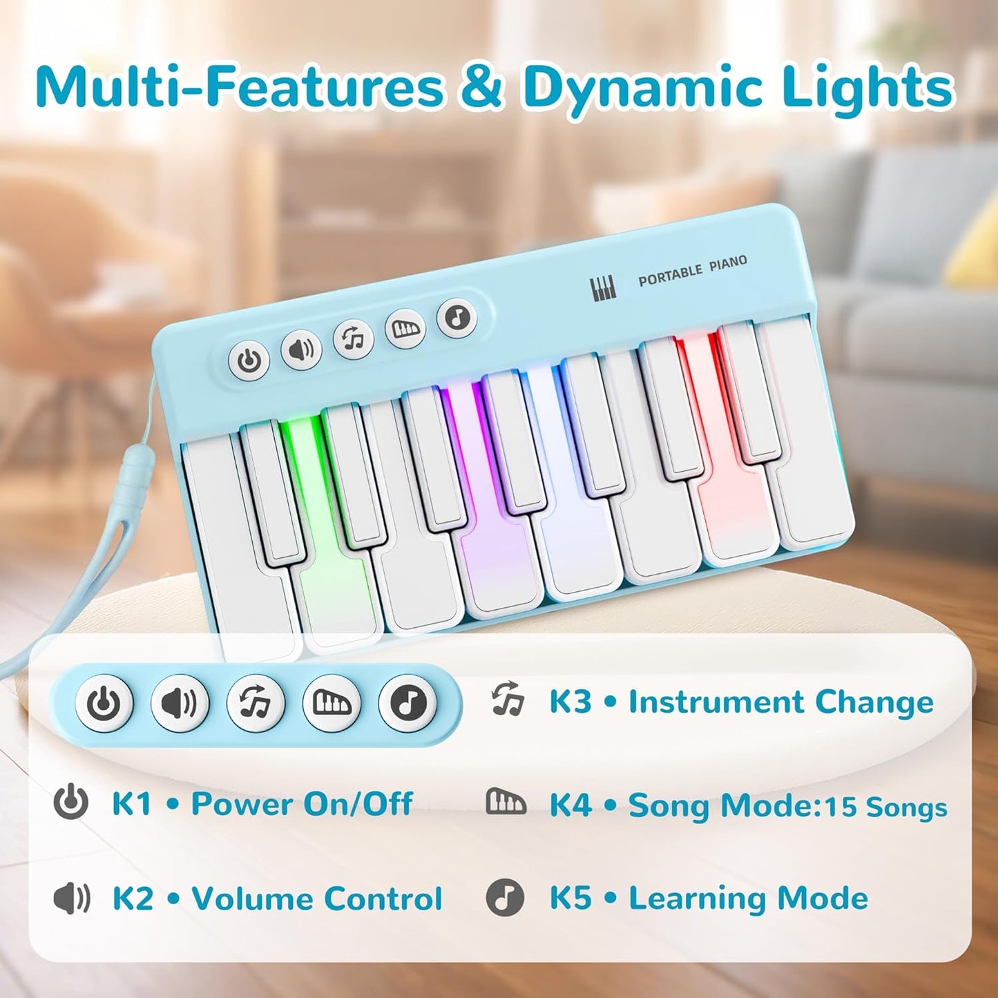 iPlay, iLearn Kids Mini Piano Toy W/Rainbow Lights, Portable Travel Piano Keyboard Toddlers Musical Instrument Learning Toys, Music Interactive Birthday Gift for 2 3 4 5 6 Year Old Boys Children