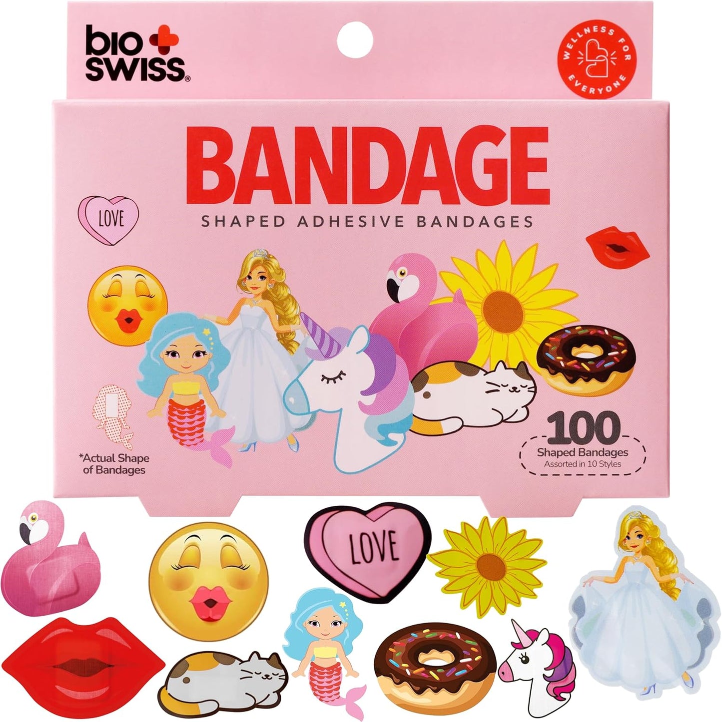 BioSwiss Bandages, Assorted Animal, Fun and Food Shaped Self Adhesive Bandage for Girls, Latex Free Sterile Wound Care, 100 Count