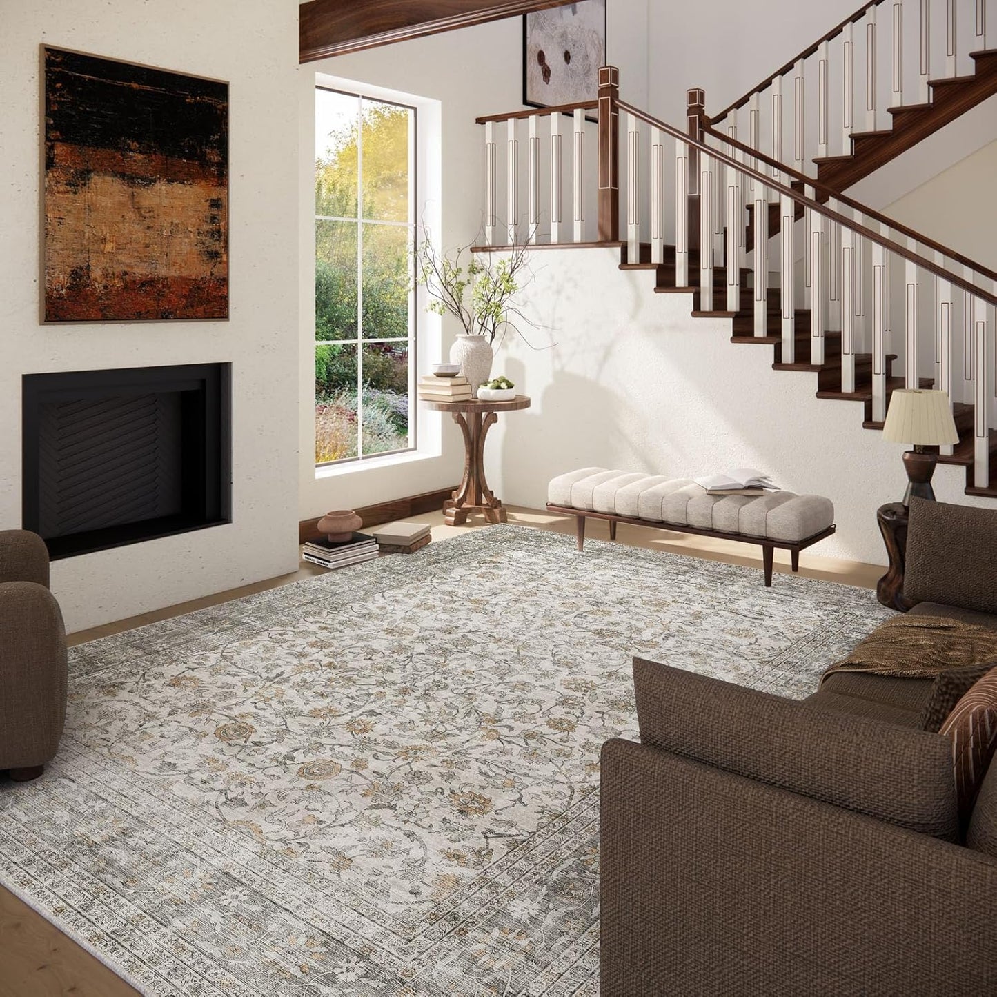 Machine Washable Rugs for Living Room: 9x12 Area Rugs for Bedroom Vintage Stain Resistant Non Slip Low Pile Soft Boho Carpet for Kitchen Dining Room Farmhouse Kids Room Nursery