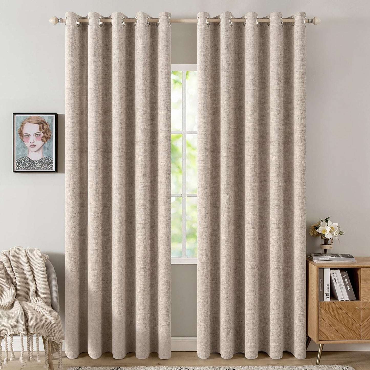 MIULEE 100% Blackout Linen Textured Curtains for Bedroom Solid Thermal Insulated Natural Beige Grommet Room Darkening Curtains & Drapes Luxury Decor for Living Room Nursery 62 x 90 Inch (2 Panels)