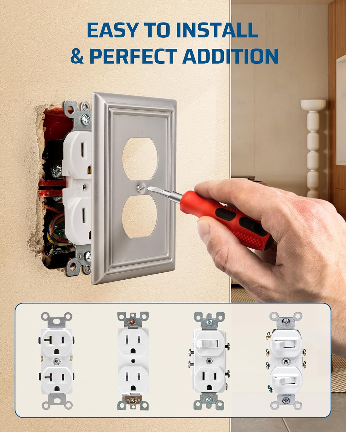 DEWENWILS 4-Pack Duplex Wall Plate, Metal Wall Outlet Cover for Receptacle, Light Switch, Brushed Nickel