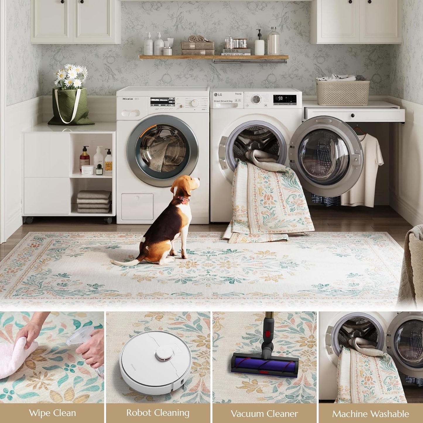 jinchan Floral 4x6 Area Rugs for Nursery - Machine Washable Vintage Distressed Design Soft Ultra-Thin Low-Pile Non-Slip Kids Carpet for Bedroom Living Room Dining Room Home Office (4x6ft,Apricot)