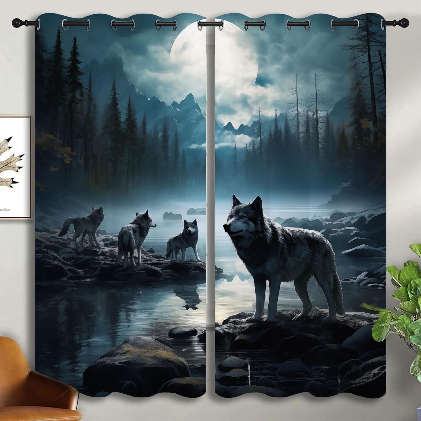 Wolf Blackout Curtains for Boys Girl Bedroom Decor,Dreamy Forest Full Moon Wolf Pack Thermal Insulated Grommet Drapes Darkening Window Curtain for Living Room Home 55x63 inch