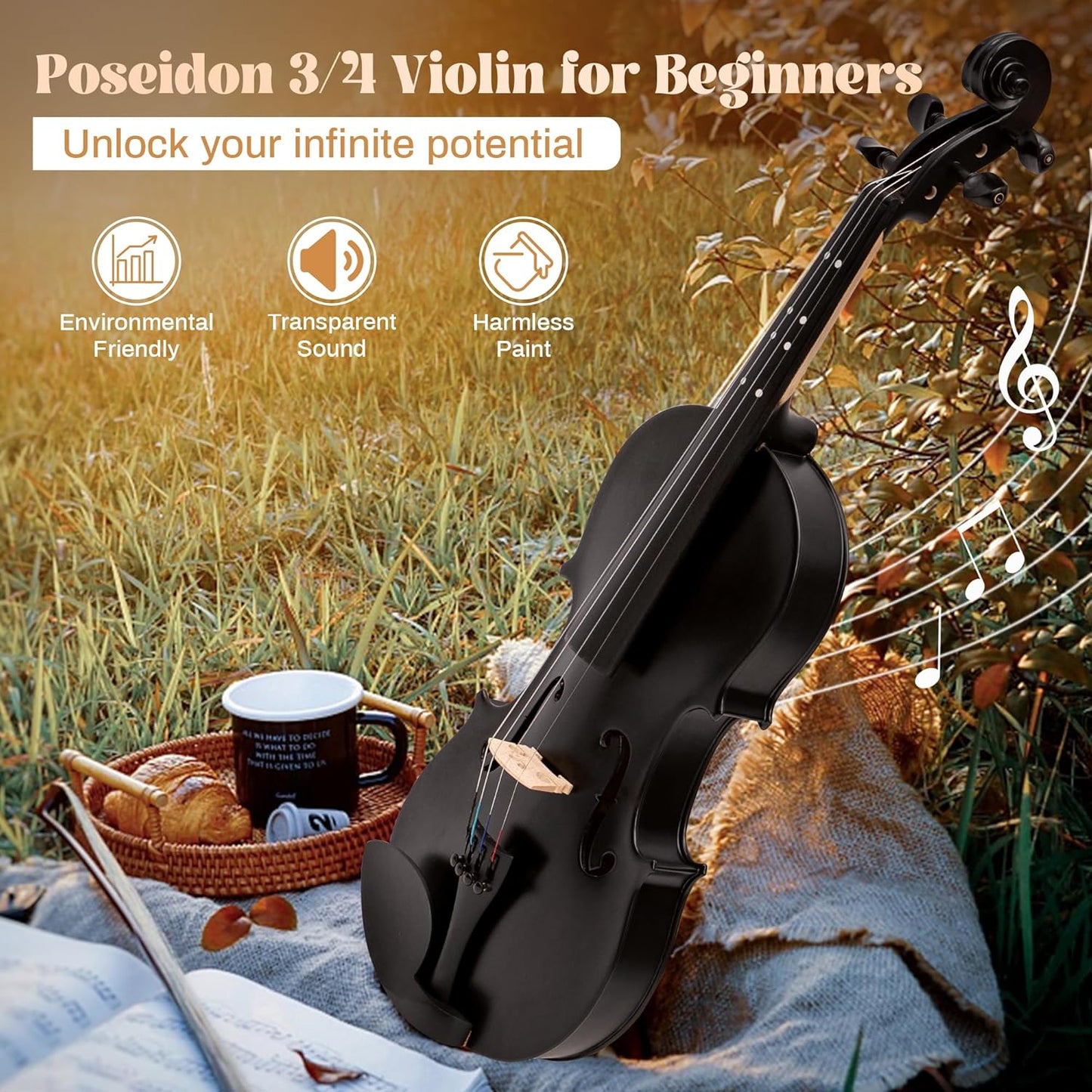 3/4 Acoustic Violin Fiddle, Black Violin for Beginners for Beginners Violin Starter Kit w/Case, Two Bows, Two Bridges, Two Rosins, Two 3/4 Strings Full Size Set, Shoulder Rest, Clip-on Tuner, Manual