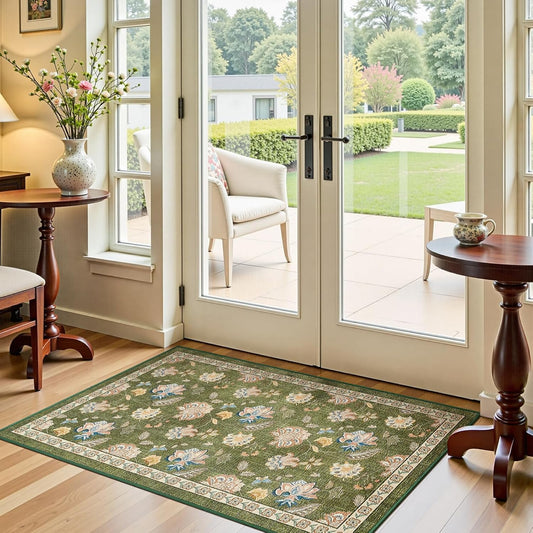 jinchan 3x5 Floral Rug for Entryway Washable Kitchen Rug Vintage Romance Design Small Mat Non Slip Indoor Doormat Lightweight Low-Profile Throw Carpet for Entrance Bathroom Laundry Room, Green