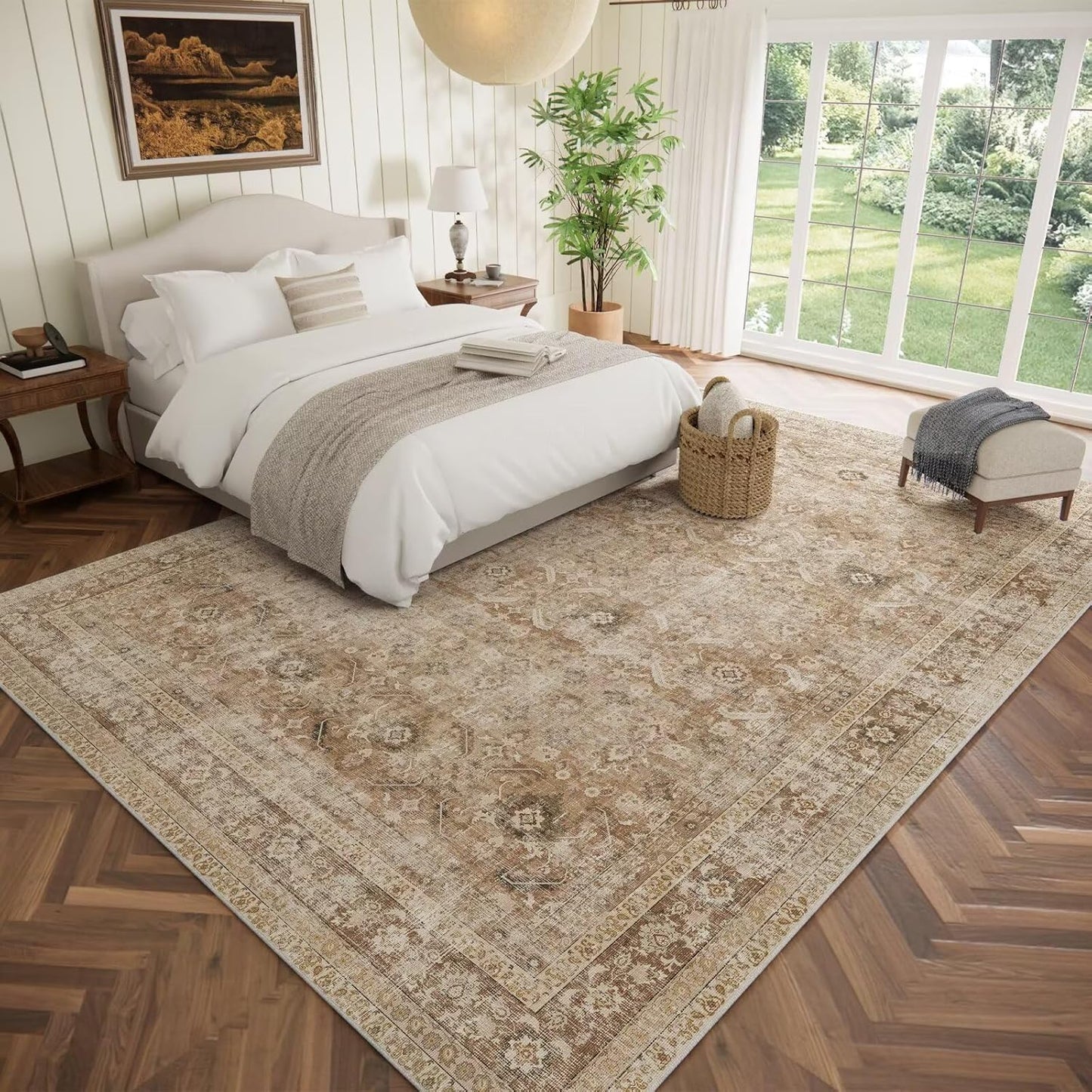 Washable 10x14 Area Rugs for Living Room, Boho Non-Slip Silicone Backing Rugs for Bedroom Dining Room Office, 0.3" Neutral Oriental Throw Carpet with 0.16" Cushioning Pad, Brown/Multi