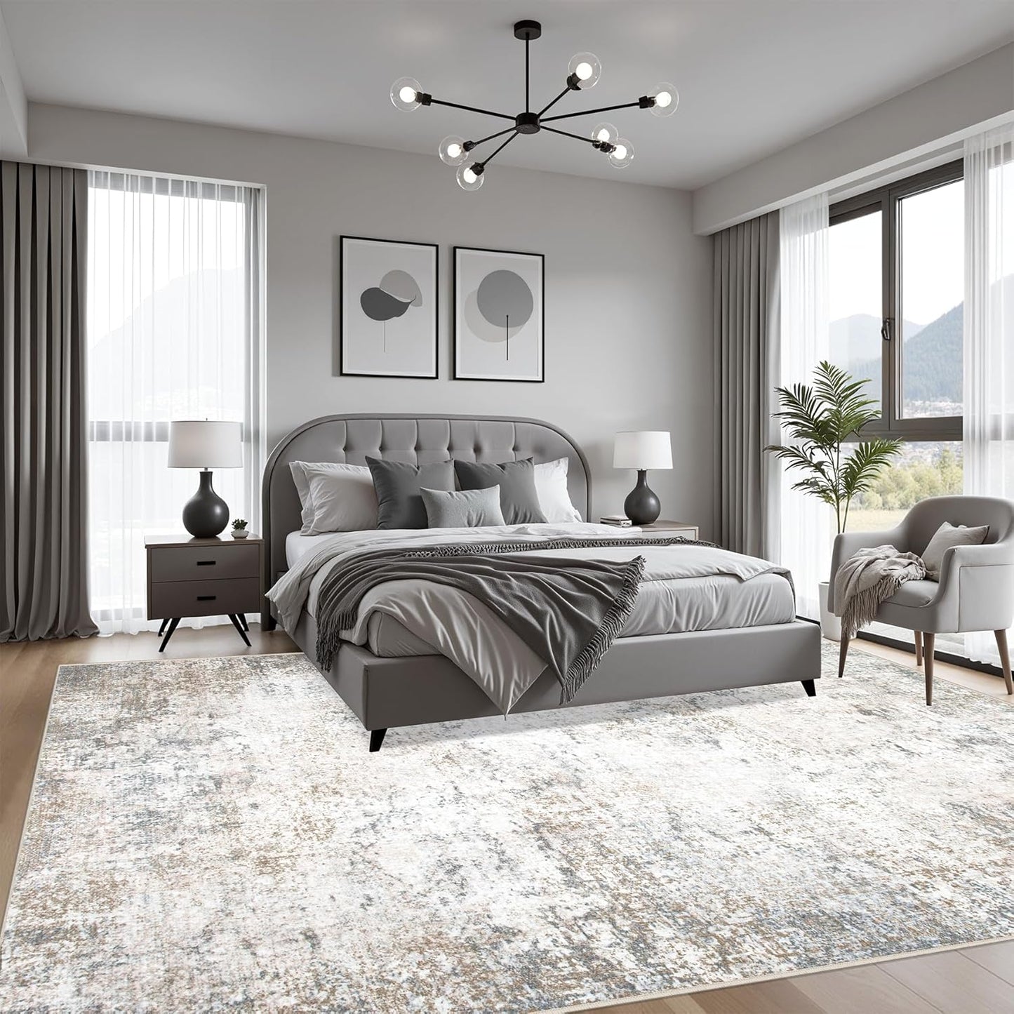 5x7 Area Rug Living Room Rug: Washable Modern Abstract Soft Thin Rug Indoor Floor No Slip Stain Resistant Carpet for Bedroom Dining Room Farmhouse Nursery Home Office - Brown Grey