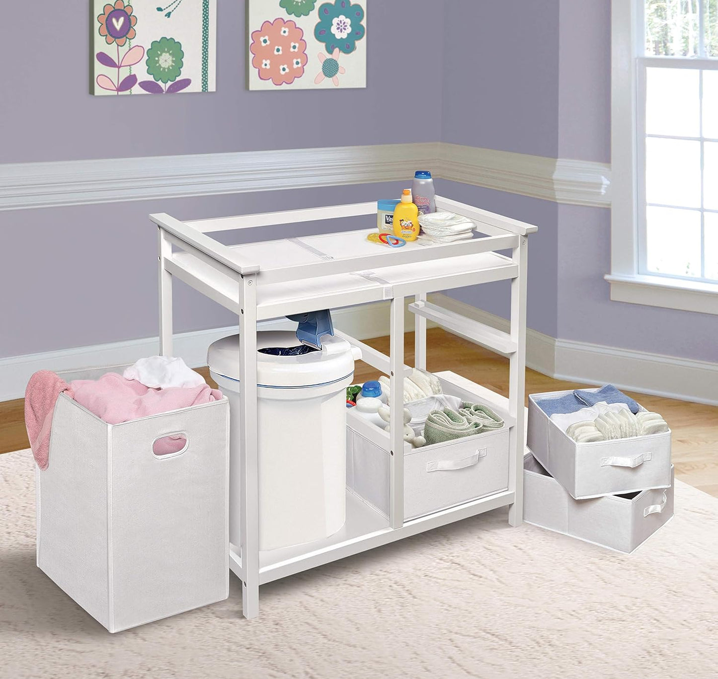 Badger Basket Modern Baby Changing Table - Portable Diaper Station with 3 Drawers Pad & Hamper - Storage Organizer for Baby Clothes, Diapers & Toys - Fresh White/White (34.25 x 20.75 x 34.5)