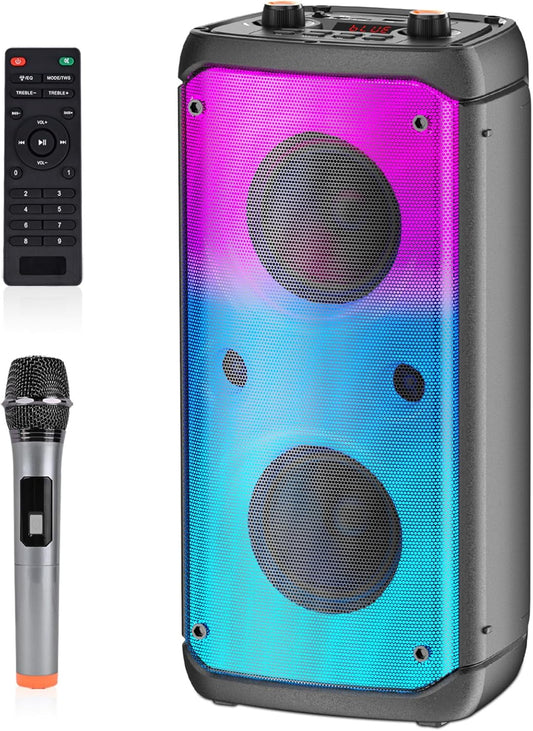 Bluetooth Speaker, 80W Peak Wireless TWS Portable Outdoor Party Speakers with Subwoofer, Deep Bass, LED Colorful Lights, Loud Stereo Sound Boombox with Radio for Home, Camping, Travel