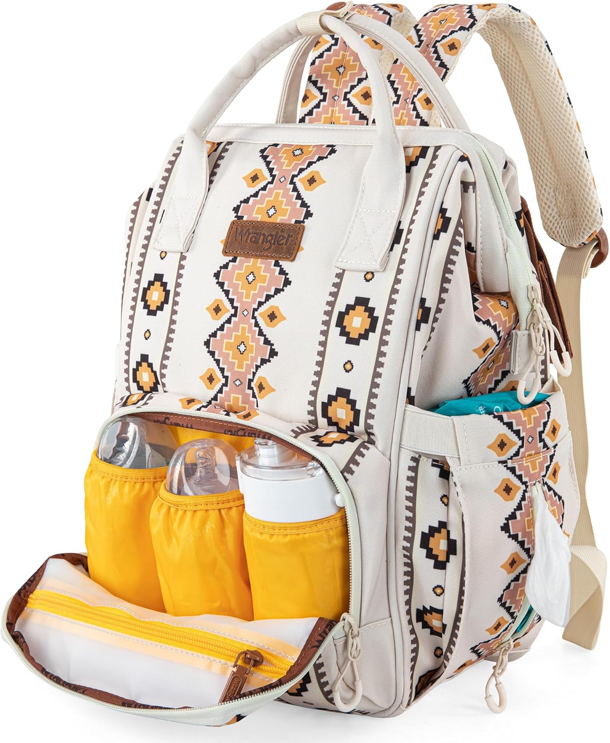 Wrangler Aztec Backpack Organized Daypack Travel Baby Bag with Stroller Strap and Side Bottle Pockets