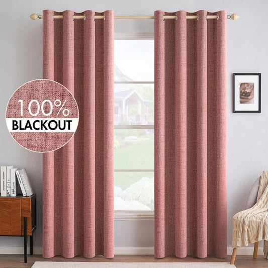 MIULEE 100% Blackout Linen Textured Curtains for Bedroom Solid Thermal Insulated Dusty Rose Grommet Room Darkening Curtains & Drapes Luxury Decor for Living Room Nursery 52 x 90 Inch (2 Panels)