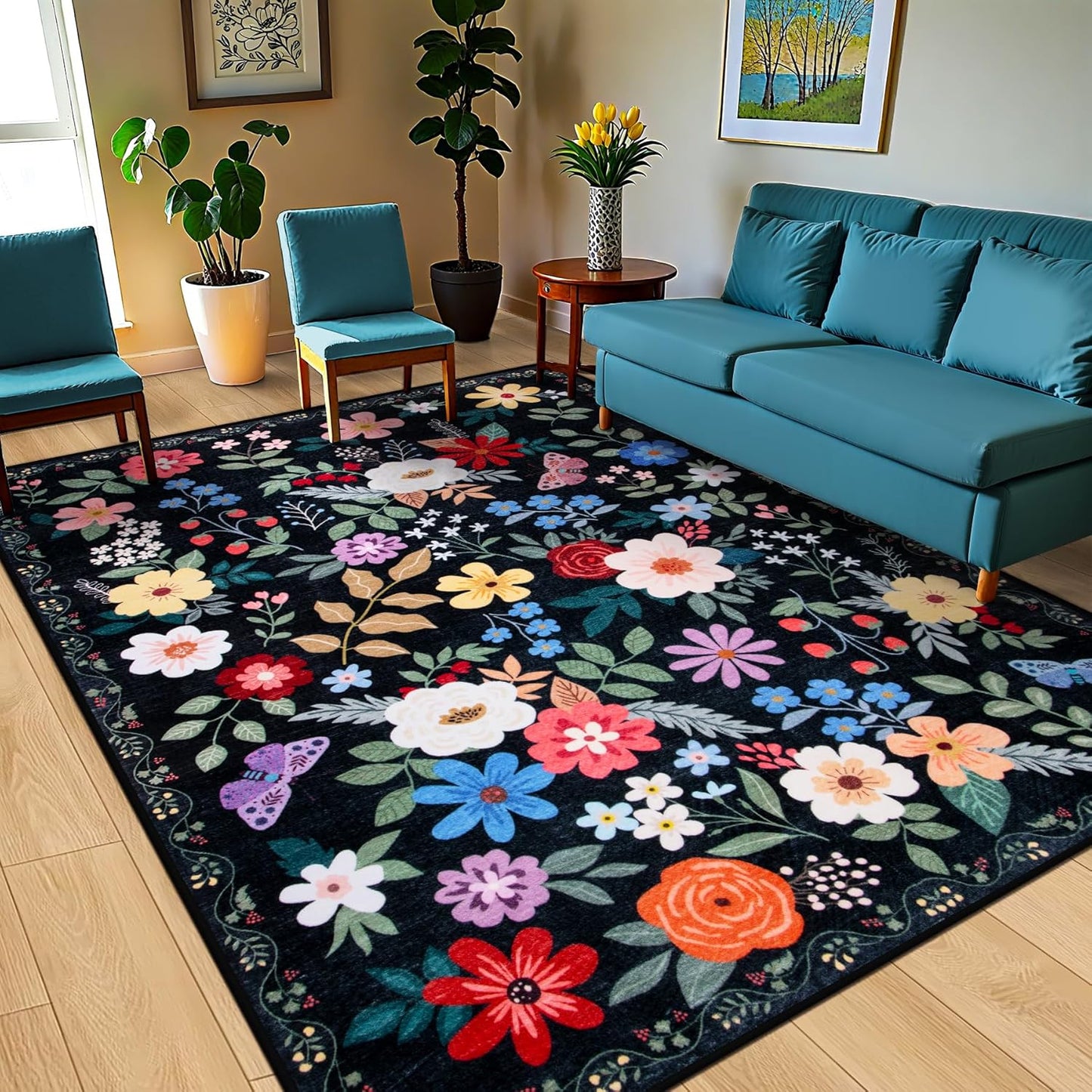 10x12 Area Rugs for Living Room: Floral Washable Rug Vintage Large Soft Boho Non-Slip Carpet Stain Resistant Low Pile Carpets for Bedroom Dining Room Farmhouse Nursery Hallway Home Office Black