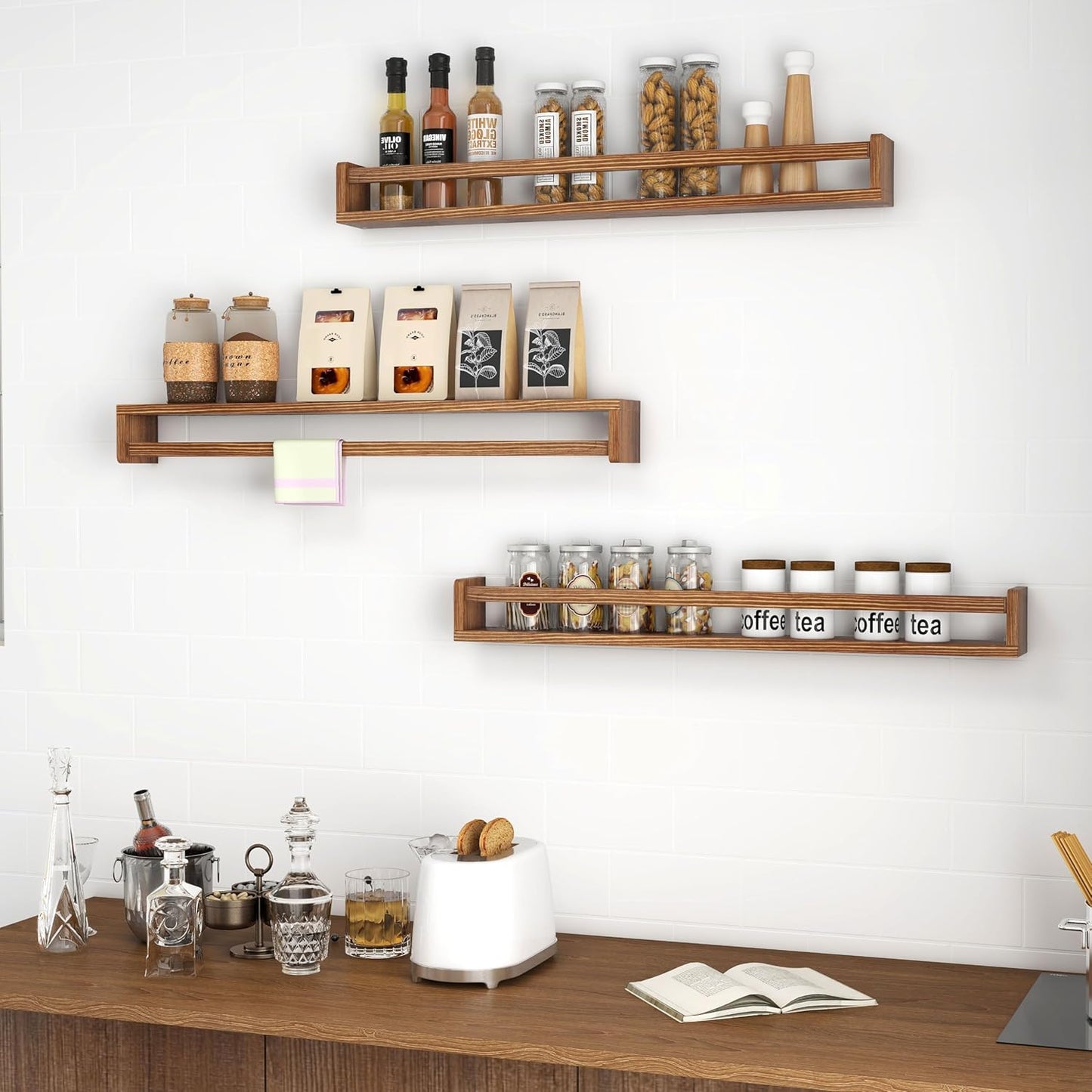 Fun Memories Nursery Book Shelves - Rustic Natural Solid Wood Floating Bookshelf for Kids - Wall Book Shelves for Kids Room (Carbonized, 32inch - 4P)