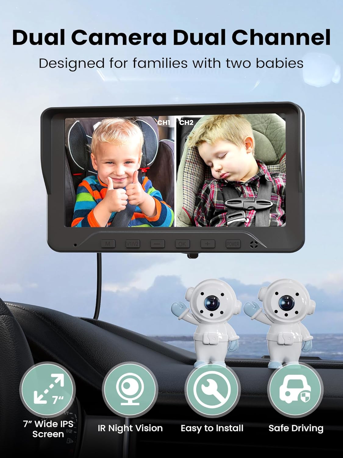 GROWNSY Dual Car Camera Baby Monitor, 7" 1080P AHD Car Camera for 2kids, Backseat Mirror for Baby Rear Facing with Infrared Night Vision, Easily Observe Baby's Every Move