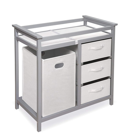 Badger Basket Modern Baby Changing Table - Portable Diaper Station with 3 Drawers Pad & Hamper - Storage Organizer for Baby Diapers & Toys - Gray/White