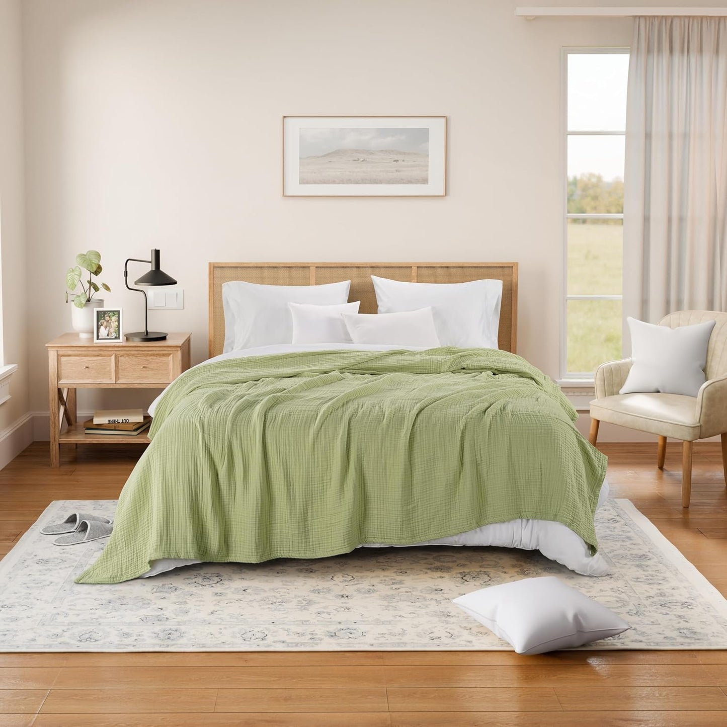 Threadmill King Size Muslin Blanket | 4 Layer Lightweight Gauze for All Seasons | Soft, Breathable, and Cozy Picnic Blankets | Lighweight Summer Blanket Fits Cal King Size Bed | Sage Green