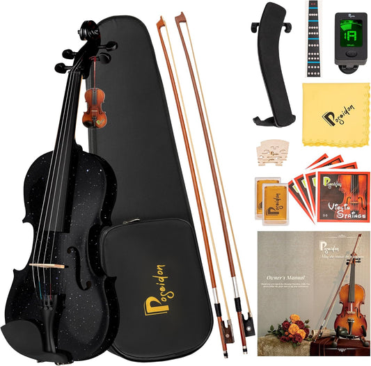 Poseidon 1/2 Violin for Kids Beginner Half Fiddle Kit, Violin Student Stringed Musical Instrument w/Case, Two Violin Strings Set, Two Bows, Two Bridges, Two Rosins, Tuner, Manual - Glossy Black