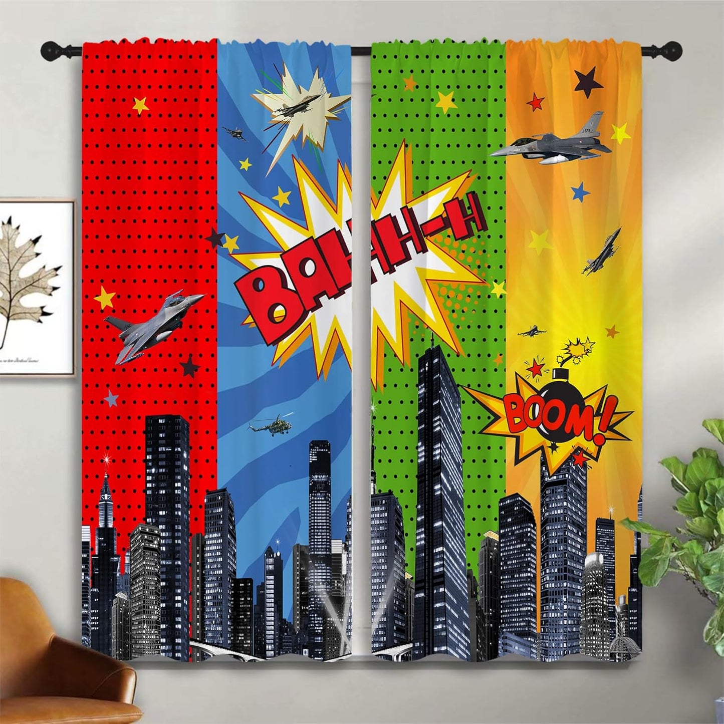 Superhero Rod Pocket Blackout Curtains for Boy Girl Bedroom, City War Explosion Comics Art Home Energy Efficient Light Filtering Window Curtain for Living Room, 42x63 inch