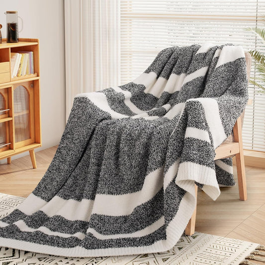 NEXHOME PRO Stripe Cozy Blanket Twin, Knit Fuzzy Throw Blanket for Couch Bed Sofa Picnic, Ultra Soft Blankets for Women Gifts Black 60 x 80 inches