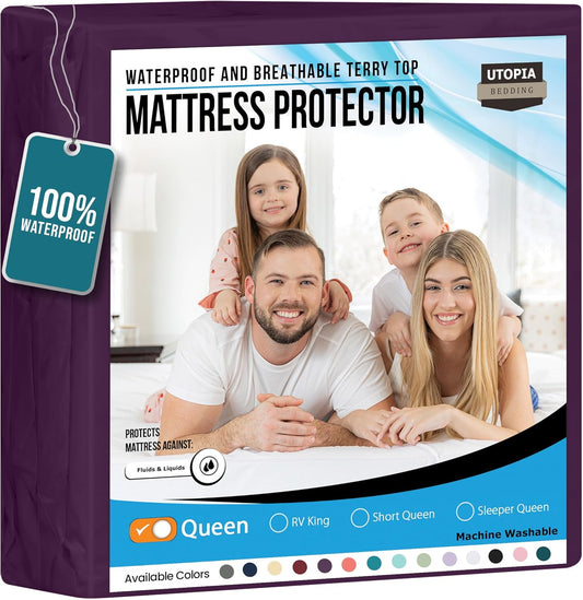Utopia Bedding Waterproof Mattress Protector Queen Size, Premium Terry Mattress Cover 200 GSM, Breathable, Fitted Style with Stretchable Pockets (Purple)