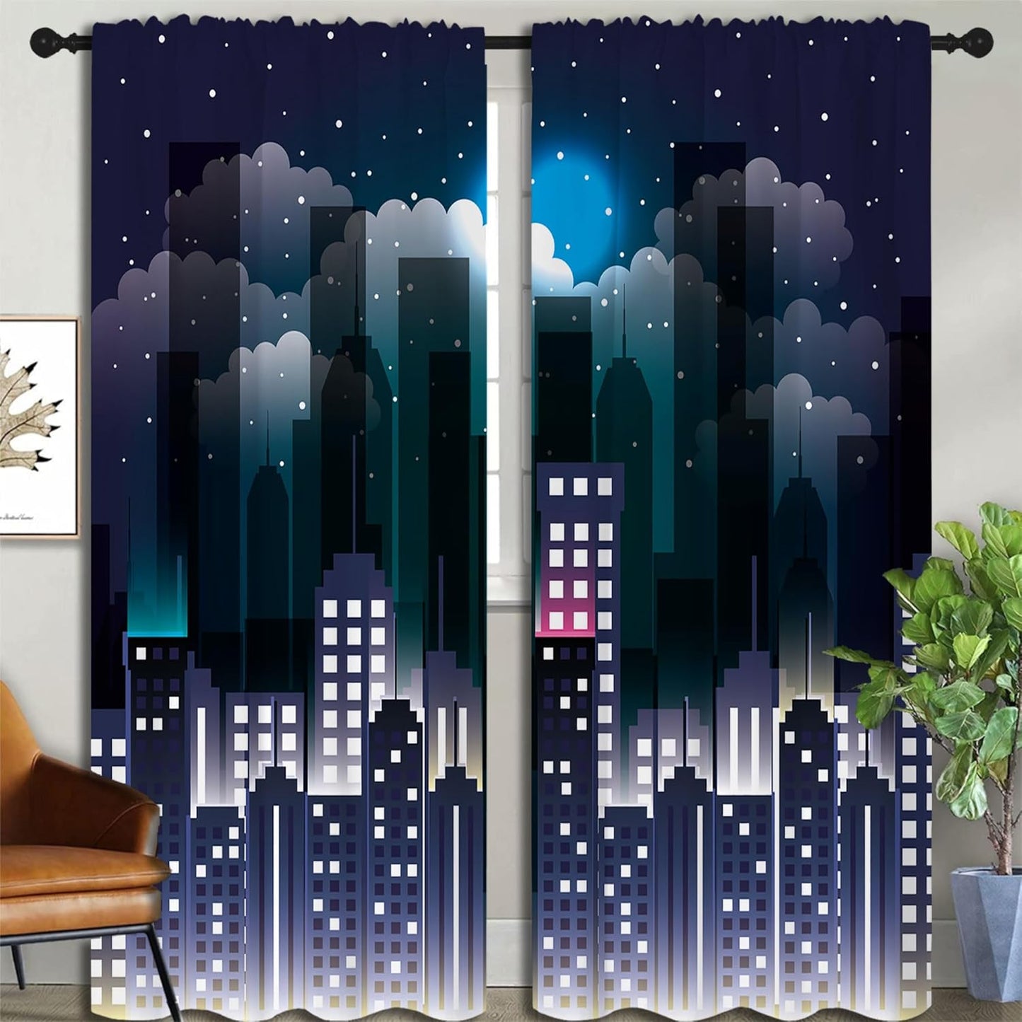 Superhero Rod Pocket Blackout Curtains for Boy Girl Bedroom, Violet Night Sky Buildings Cityscape Home Energy Efficient Light Filtering Window Curtain for Living Room, 84x63 inch
