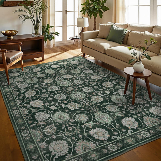 Floral Washable Area Rugs 5x7, Vintage Rug for Living Room, Large Bedroom Carpet, Non Slip Low Pile Ultra Soft Carpets for Indoor Dining Home Nursery Playroom Under Table, Dark Green