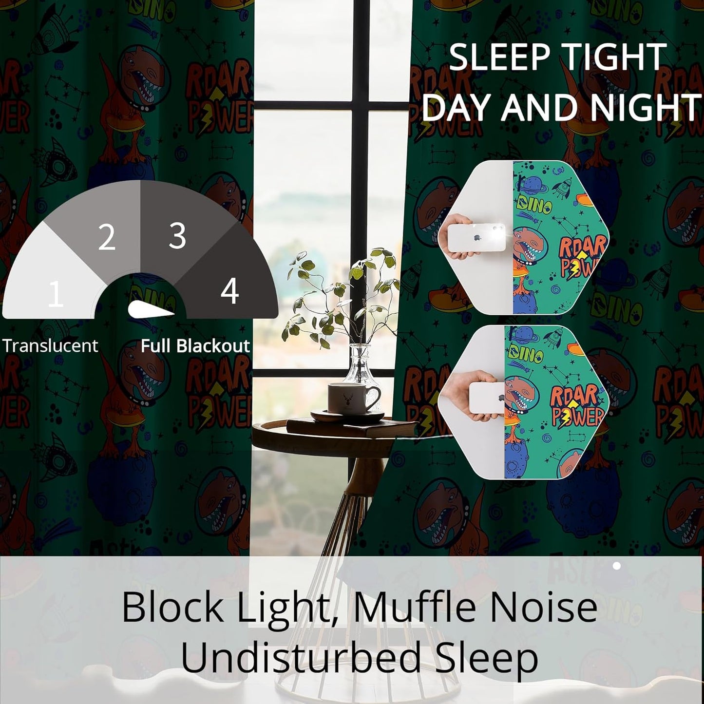 Kids Space Dinosaur Blackout Curtains - 100% Blackout, Thermal Insulated, Noise Reducing, Perfect for Kids Room and Nursery, 2 Panels (Roar Power Dino, W52×L63)