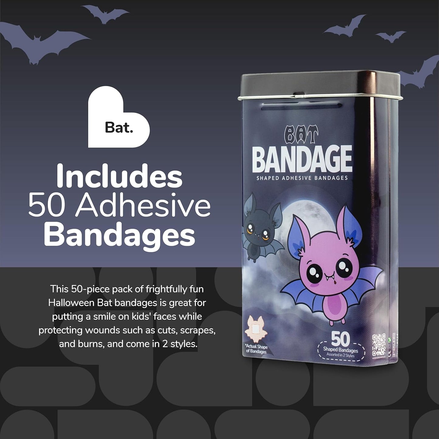 BioSwiss Bandages, Halloween Bat Shaped Self Adhesive Bandage, Latex Free Sterile Wound Care, Fun First Aid Kit Supplies for Kids, 50 Count