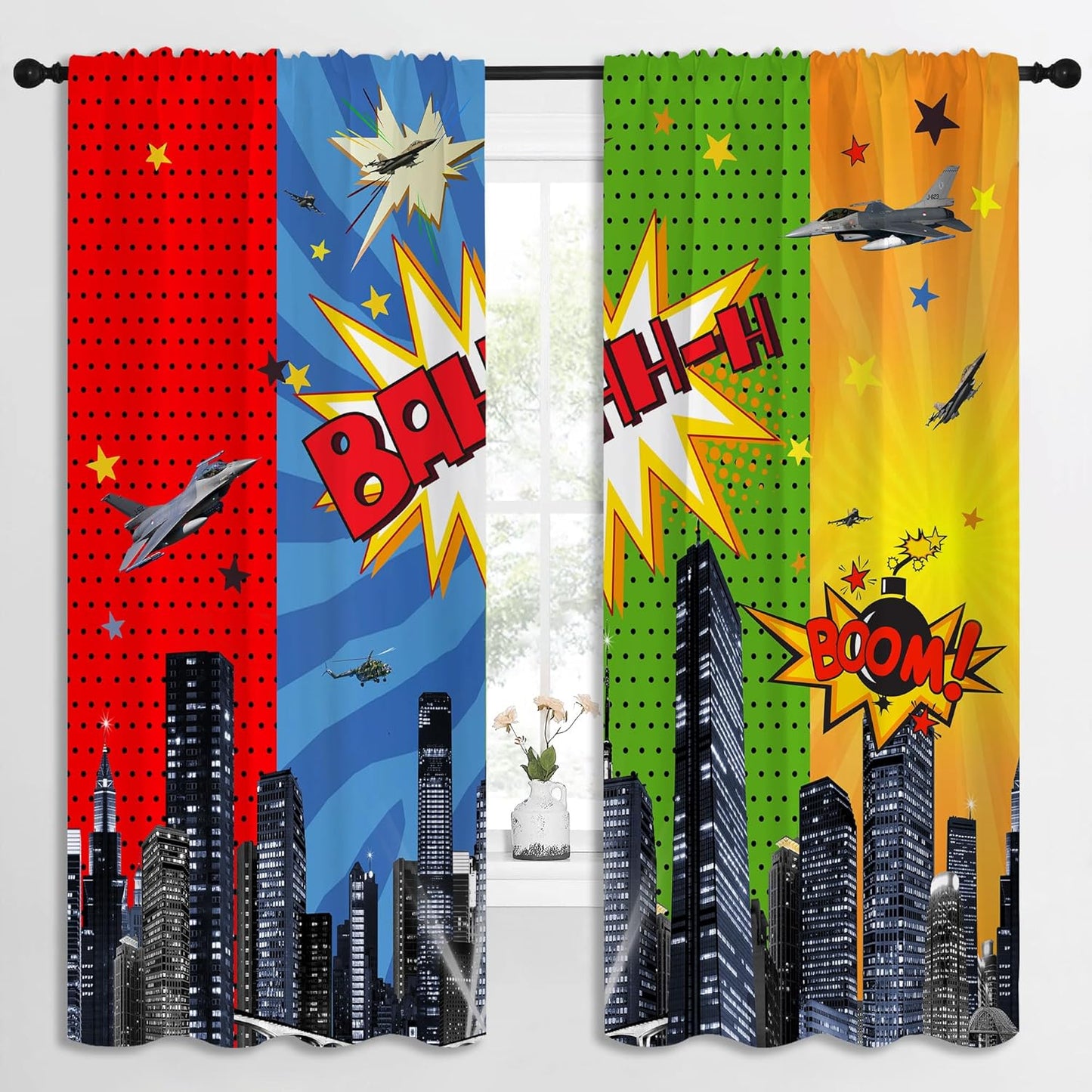 Superhero Rod Pocket Blackout Curtains for Boy Girl Bedroom, City War Explosion Comics Art Thermal Insulated Home Window Drapes for Living Room Darkening, 72x63 inch