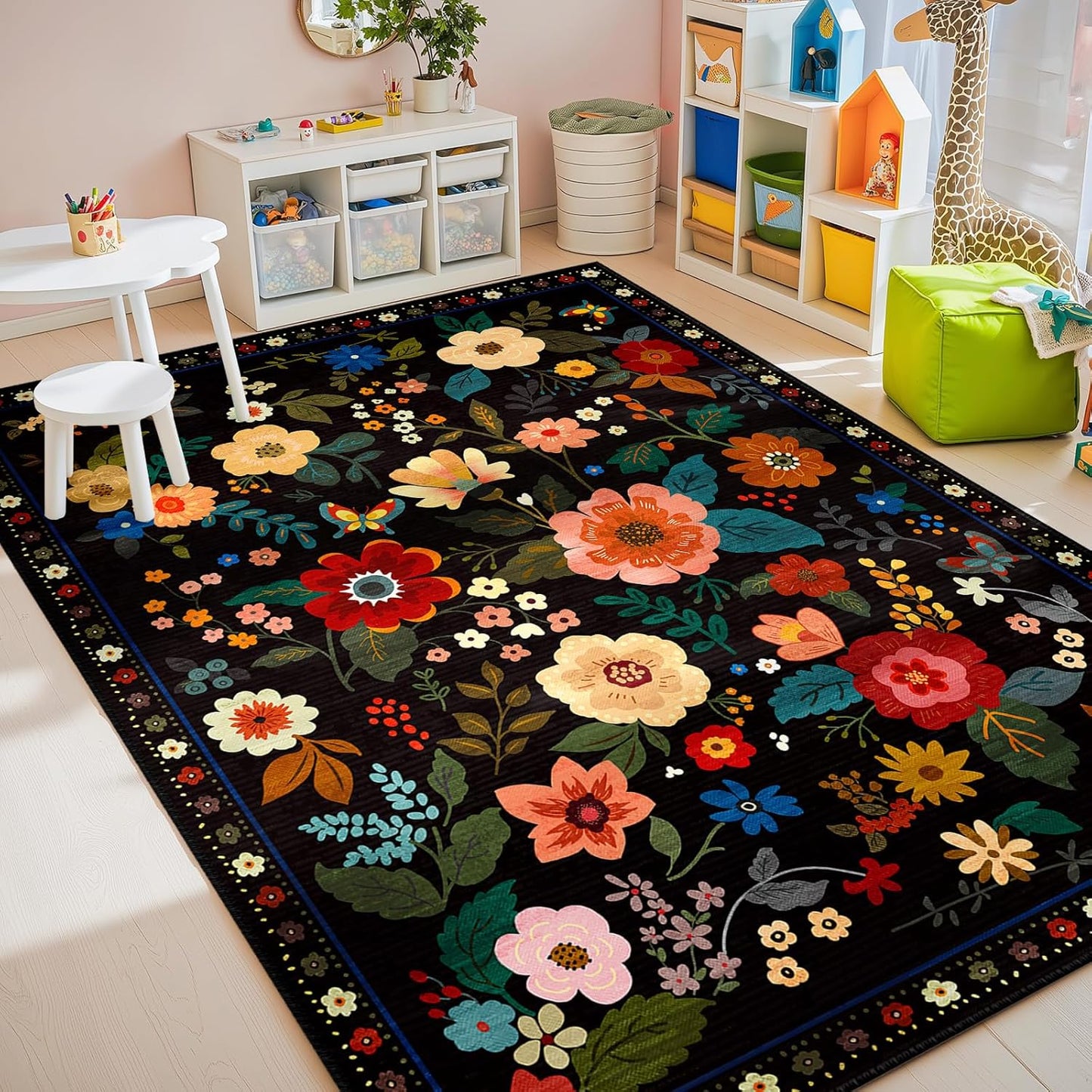 Floral 5x7 Area Rug Machine Washable Soft Print Boho Carpet Non Slip Doormat Low Pile Flower Area Rugs for Living Room Bedroom Nursery Kitchen Dining Room Indoor-Black
