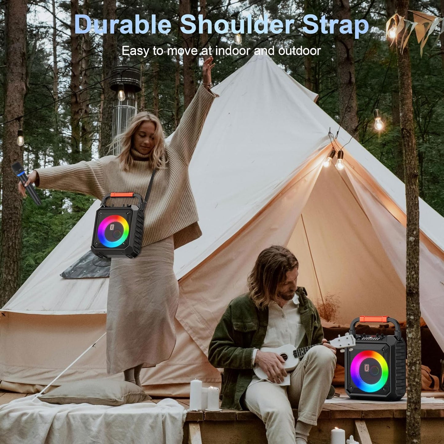 JYX Karaoke Machine with Two Wireless Microphones, Portable Speaker with LED Lights for Kids and Adults, Supports Bluetooth/USB/TF/AUX for Party