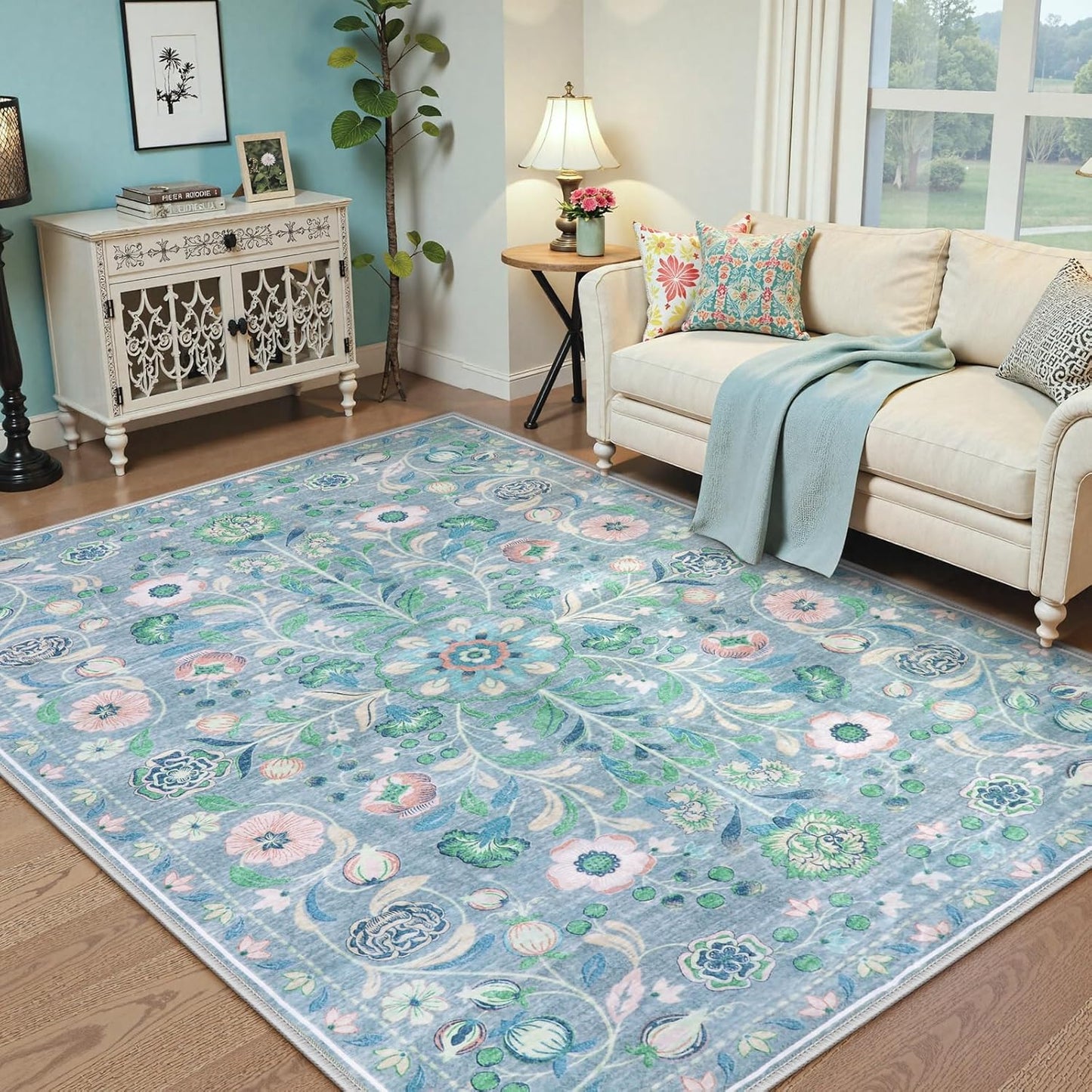 Anidaroel Blue Floral Rugs for Living Room 8x10, Washable Boho Area Rugs for Bedroom Vintage Soft Nursery Rug, Non-Slip Stain Resistant Dining Room Mat Carpet for Kids Playroom Office