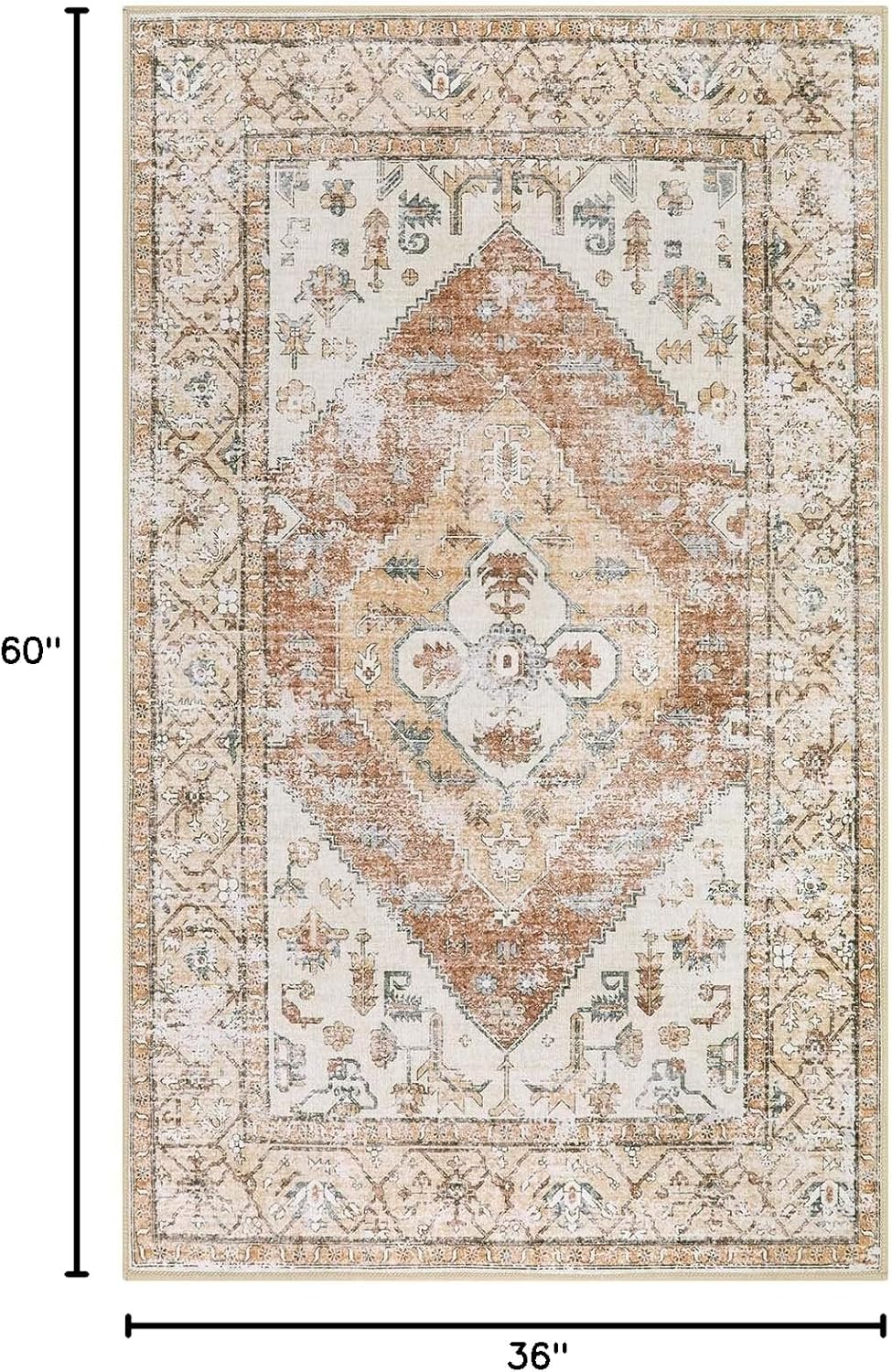 Lahome Boho Washable Living Room Area Rug 3x5 Throw Non-Slip Rugs for Bedroom Aesthetic Lightweight Thin Entry Rug Kitchen Rugs Oriental Distressed Print Capet for Office Bathroom Laundry Room