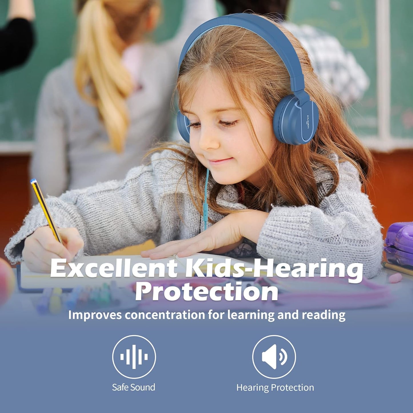 AILIHEN Kids Headphones, I35 On-Ear Headphones for School, Safe Volume 93dB, HD Mic Stereo Headphone for Kid Girls Boys, Foldable 3.5mm Wired for Chromebook, Laptop, Computer, Tablet (Blue)