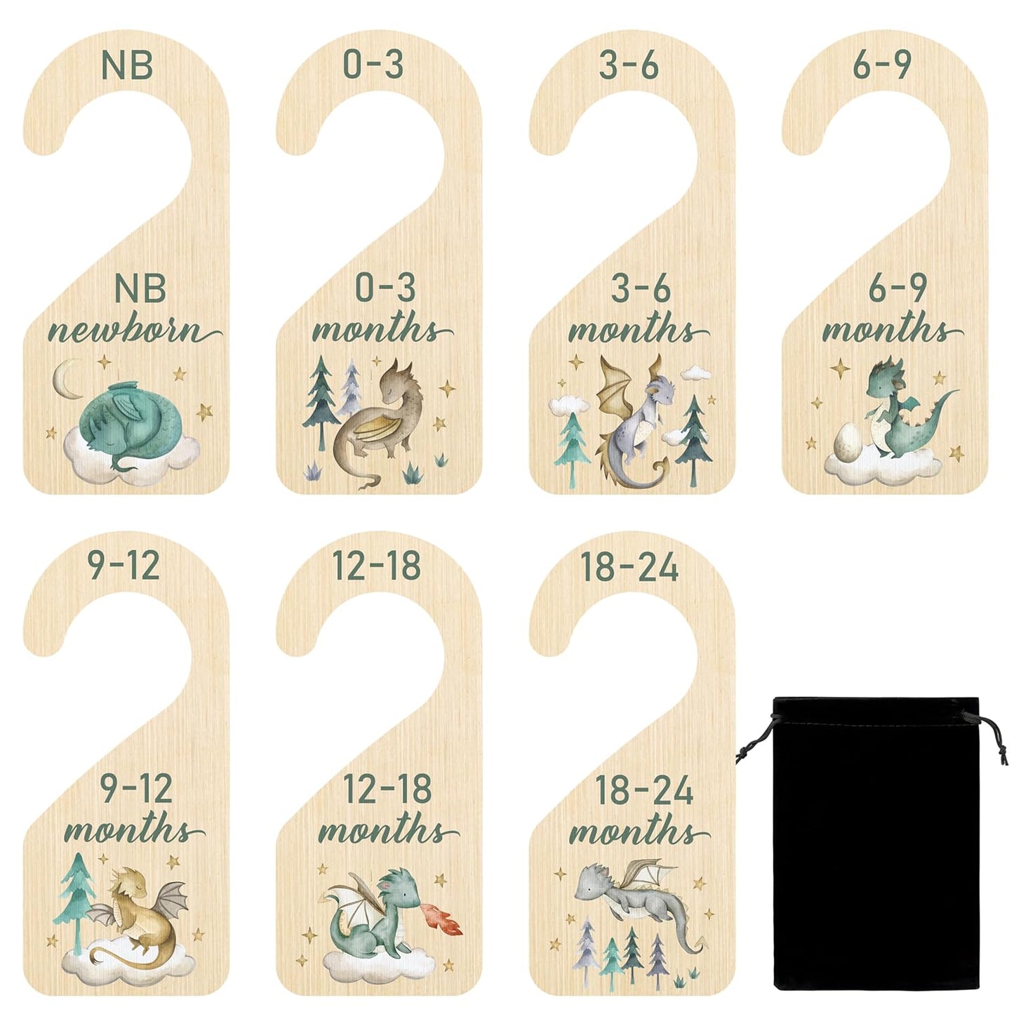 R HORSE Wooden Baby Closet Dividers - 8Pcs Dragon Baby Closet Organizer, Double-Sided Newborn Clothes Size Hanger Dividers, Nursery Decor Birthday Gift for Boy Girl (0-24 Months)